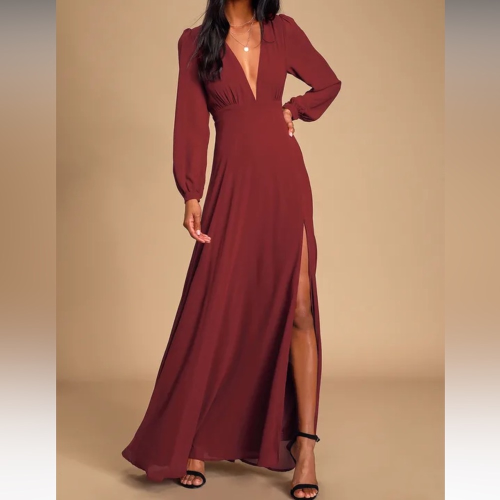 Lulus All My Life Burgandy Long Sleeve Maxi Dress
